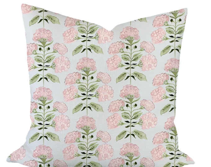 Hydrangea Bloom in Blush on Blue Custom Pillow