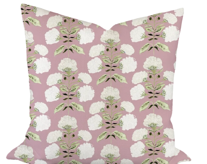 Hydrangea Bloom in Garden on Mauve Custom Pillow