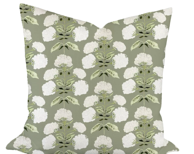 Hydrangea Bloom in Garden on Sage Custom Pillow