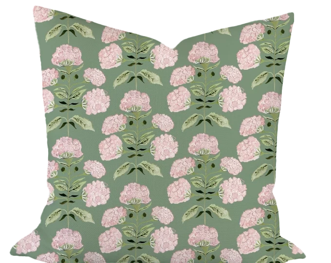 Hydrangea Bloom in Pink on Green Custom Pillow