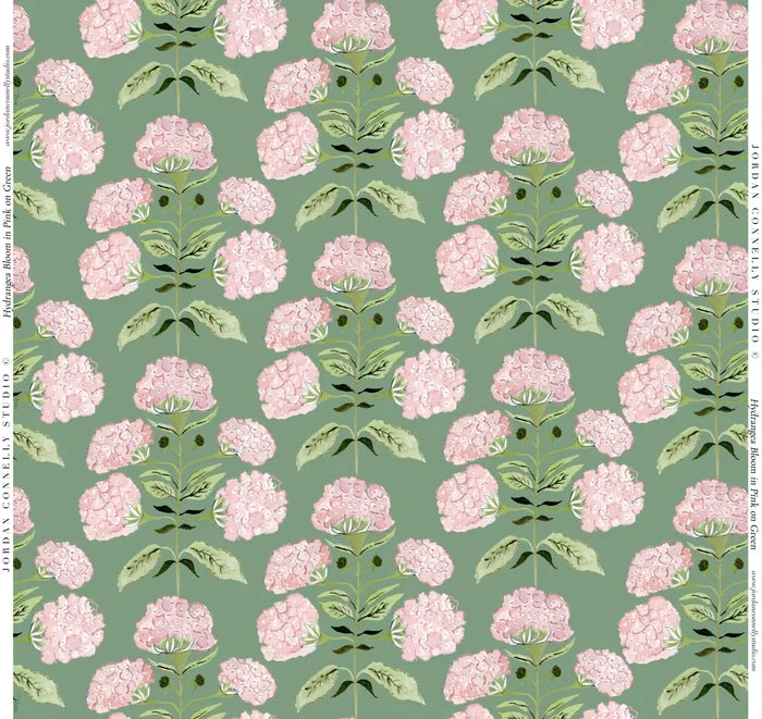Hydrangea Bloom in Pink on Green Wallpaper