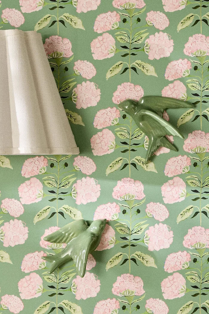 Hydrangea Bloom in Pink on Green Wallpaper