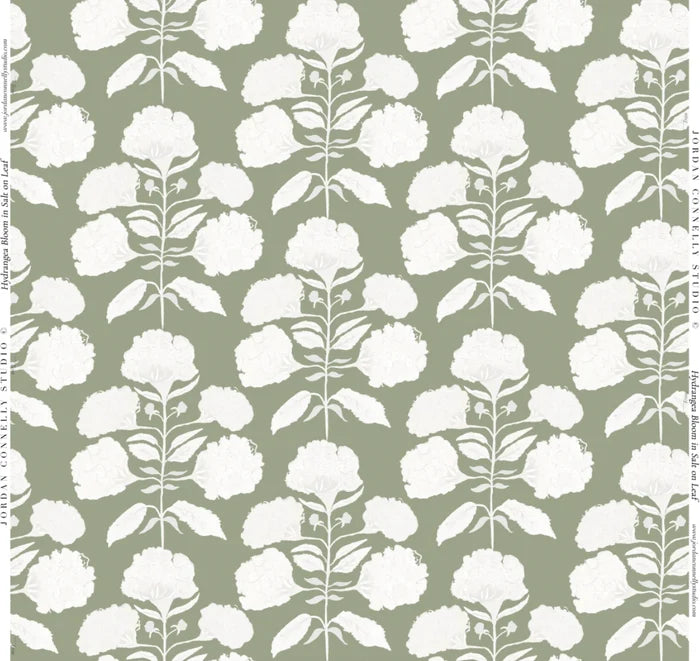 Hydrangea Bloom in Salt on Sage- Fabric