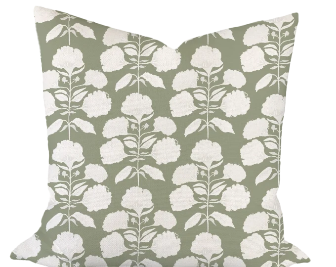Hydrangea Bloom in Salt on Sage Custom Pillow