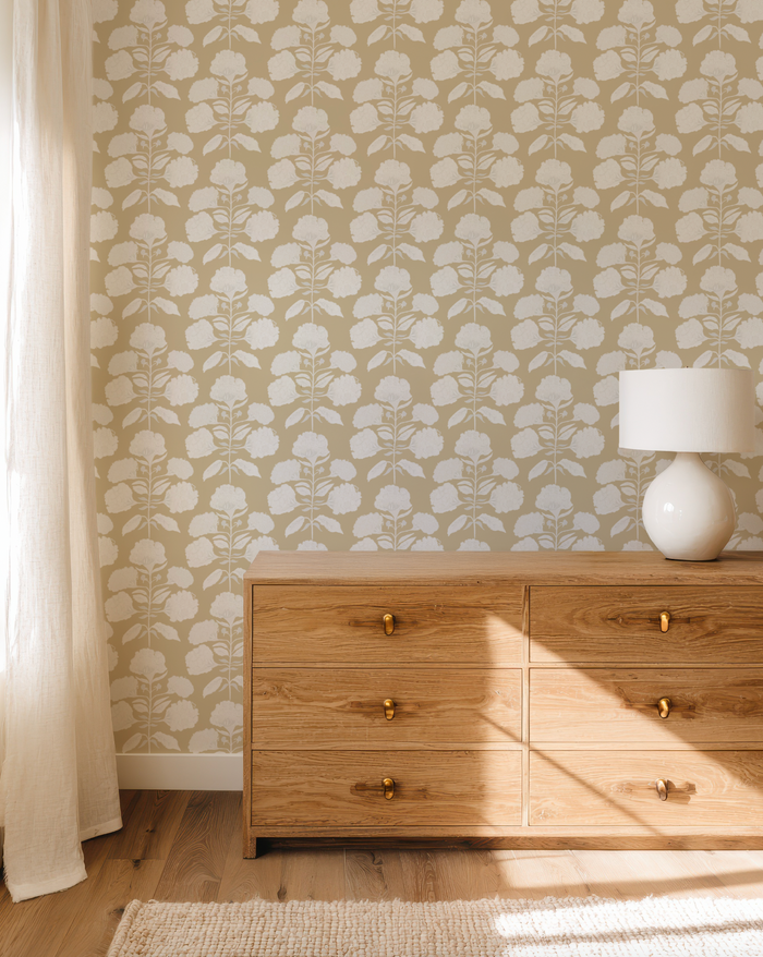 Hydrangea Bloom in Salt on Tan Wallpaper