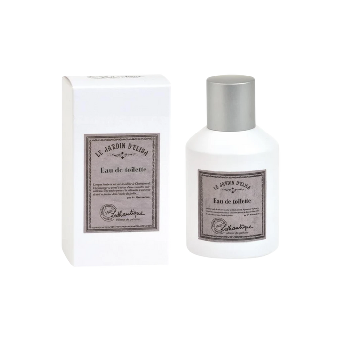 A white cylindrical bottle of Le Jardin d'Elise Eau de Toilette with a silver cap stands next to its white rectangular box packaging, both featuring a vintage-style gray label.