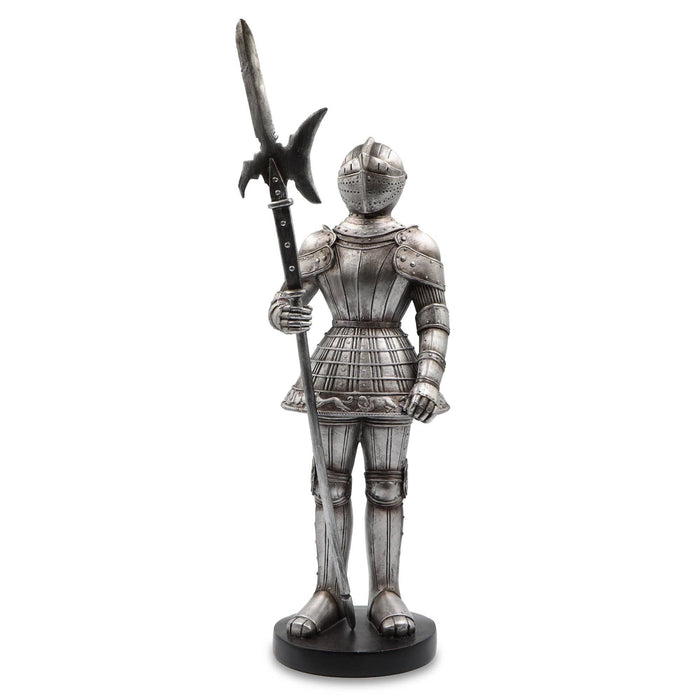 Statue of a knight in armor holding a spear on a white background