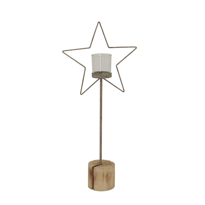 Large Natural Rustic Star On Wood Stand With Glass Votive