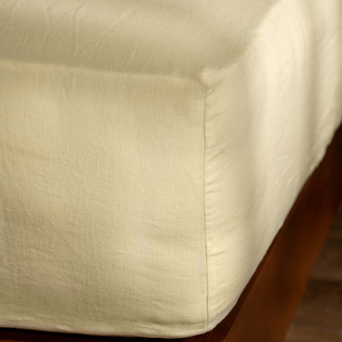 Lemon Yellow French Linen 40cm Deep Fitted Sheets close-up detail 1 | Soak and Sleep