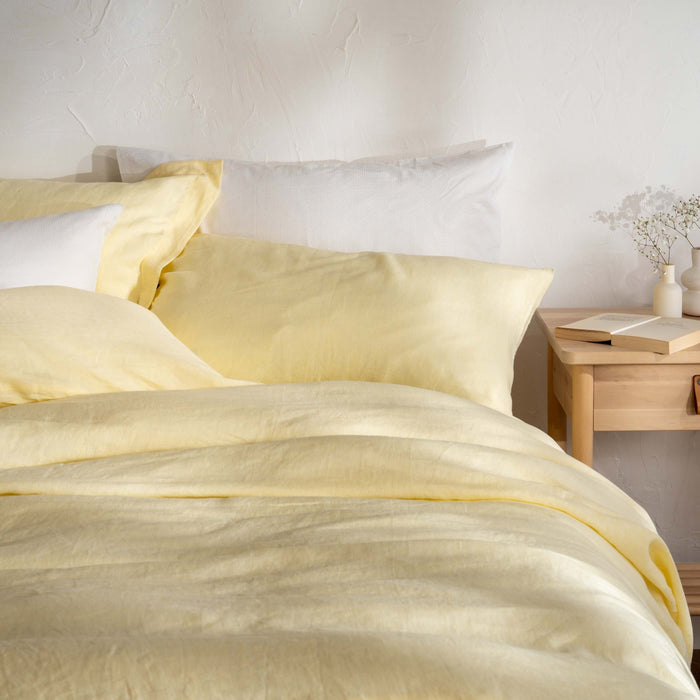 Lemon Yellow French Linen 40cm Deep Fitted Sheets bedroom detail | Soak and Sleep