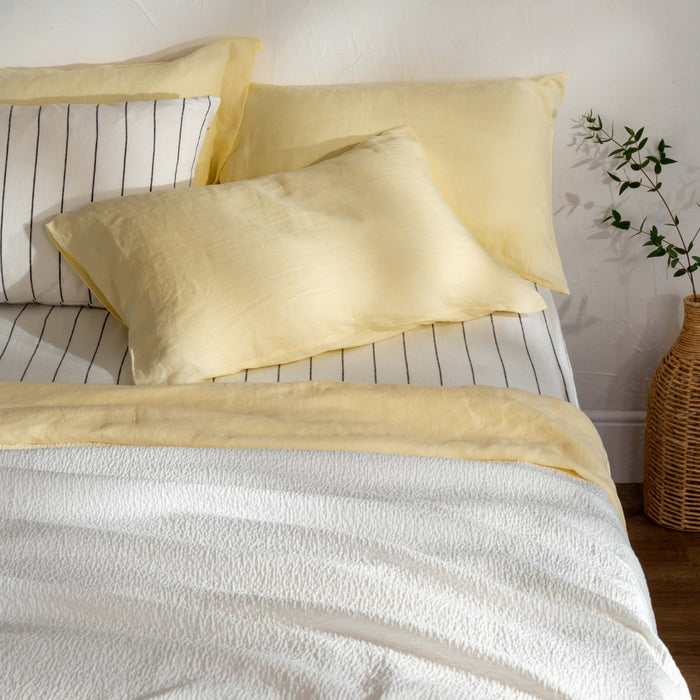 Lemon Yellow French Linen 40cm Deep Fitted Sheets close-up detail 7 | Soak and Sleep
