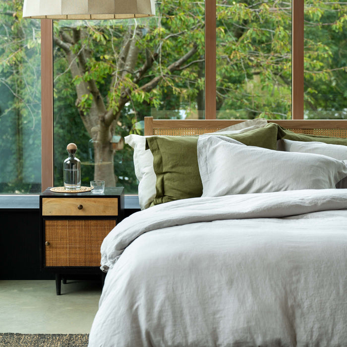 Light Grey French Linen Duvet Cover in a styled bedroom 2 | Soak and Sleep