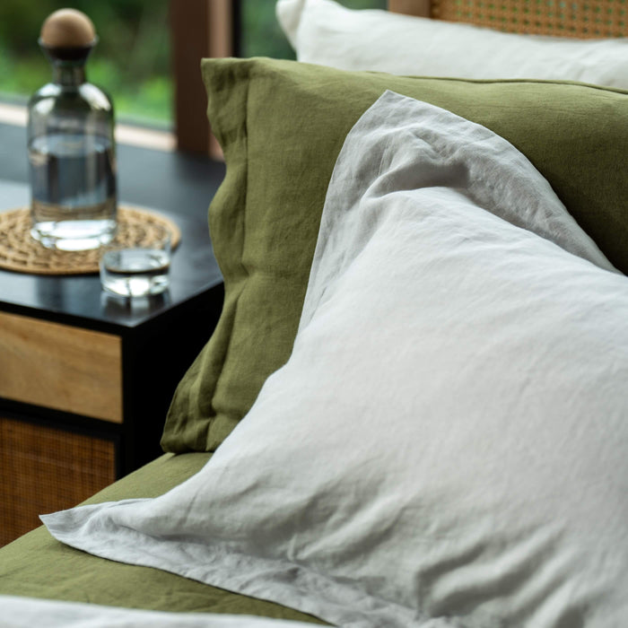 Light Grey French Linen Pillowcases in a styled bedroom 1 | Soak and Sleep