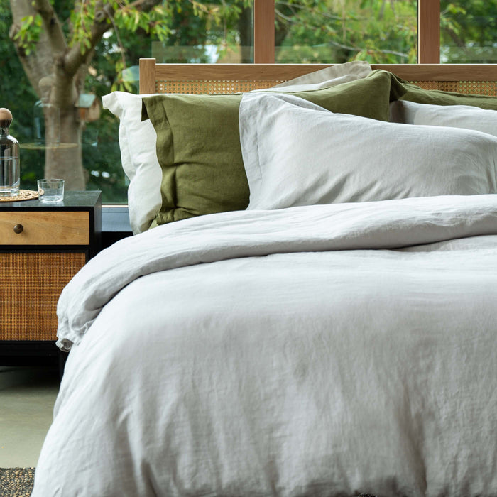 Light Grey French Linen Pillowcases in a styled bedroom 2 | Soak and Sleep