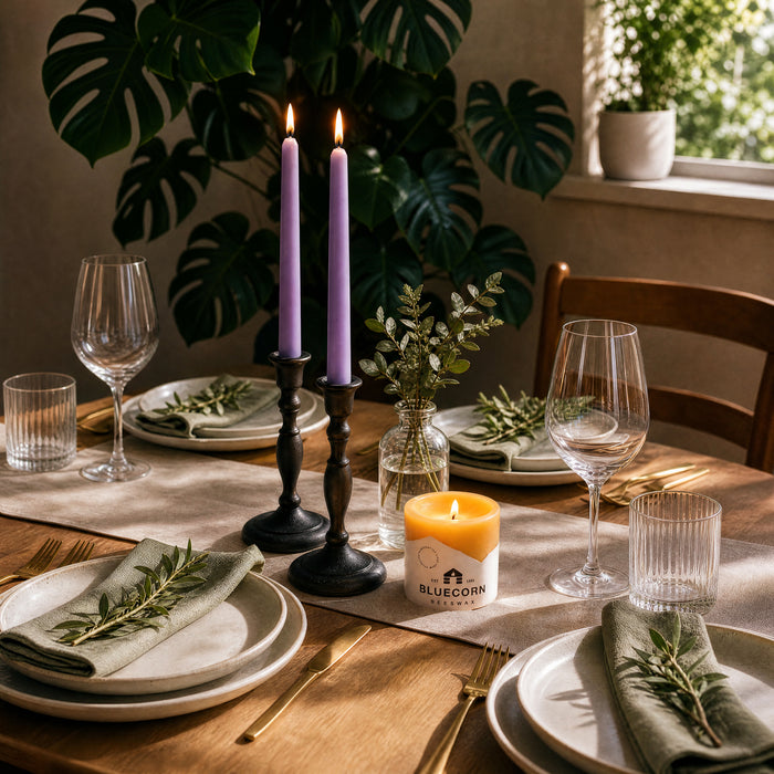 lilac purple beeswax taper candles in cast iron holders on a spring dining table. pure beeswax pillar candle beside. bluecorn beeswax