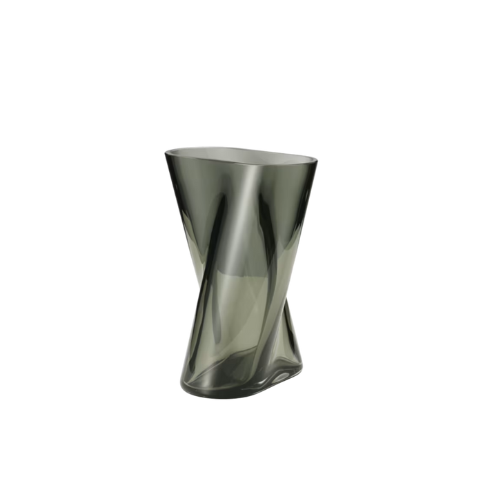 Small Lituus Vase in smoked glass with a sculptural hourglass silhouette, twisted tapering sides and a softly asymmetrical mouth-blown form.