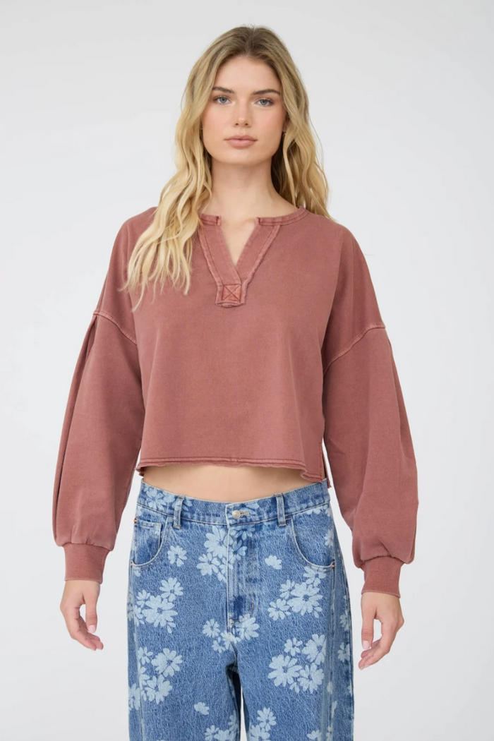 Locked In Notch Neck Long Sleeve Top - Terracotta
