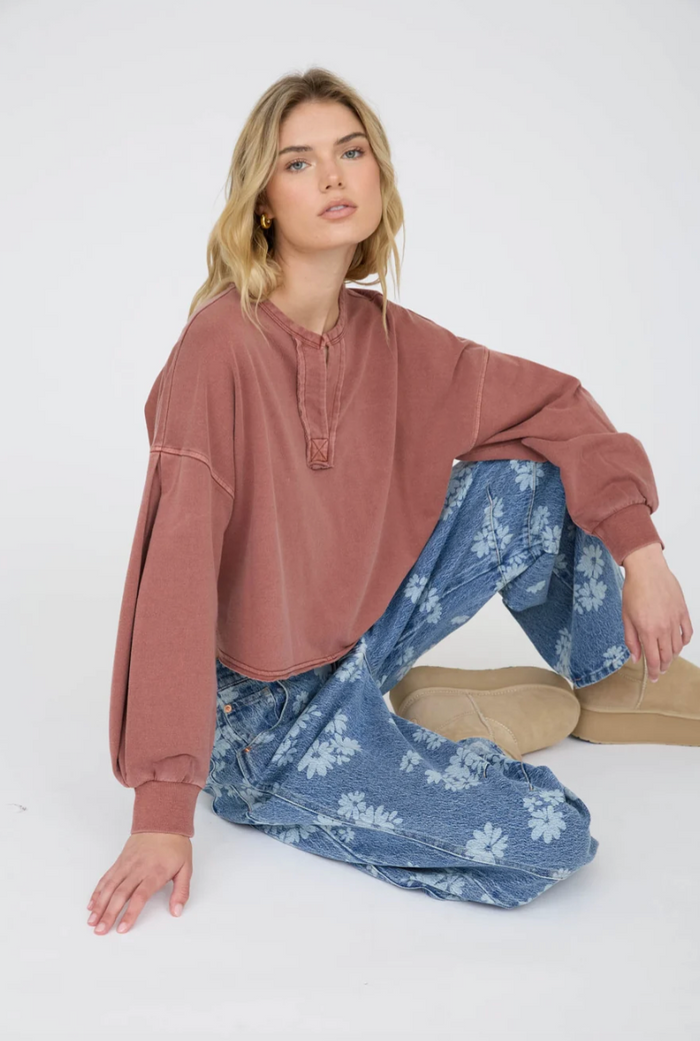 Locked In Notch Neck Long Sleeve Top - Terracotta