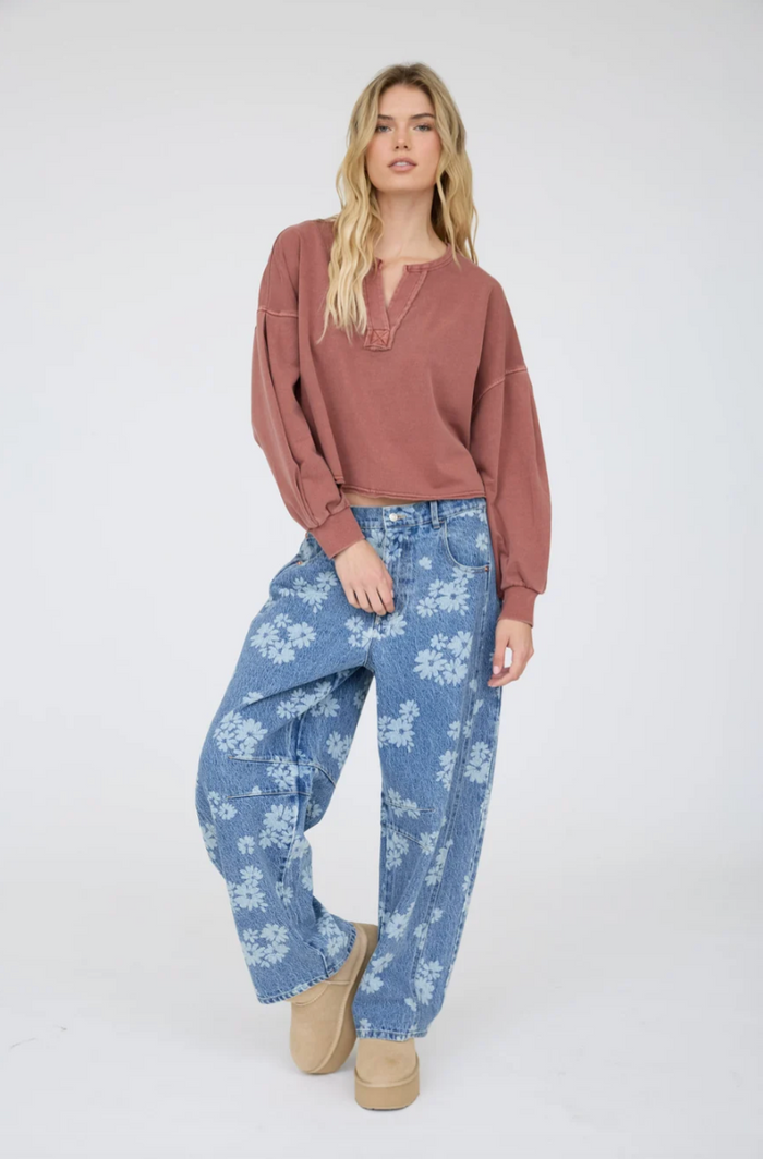Locked In Notch Neck Long Sleeve Top - Terracotta