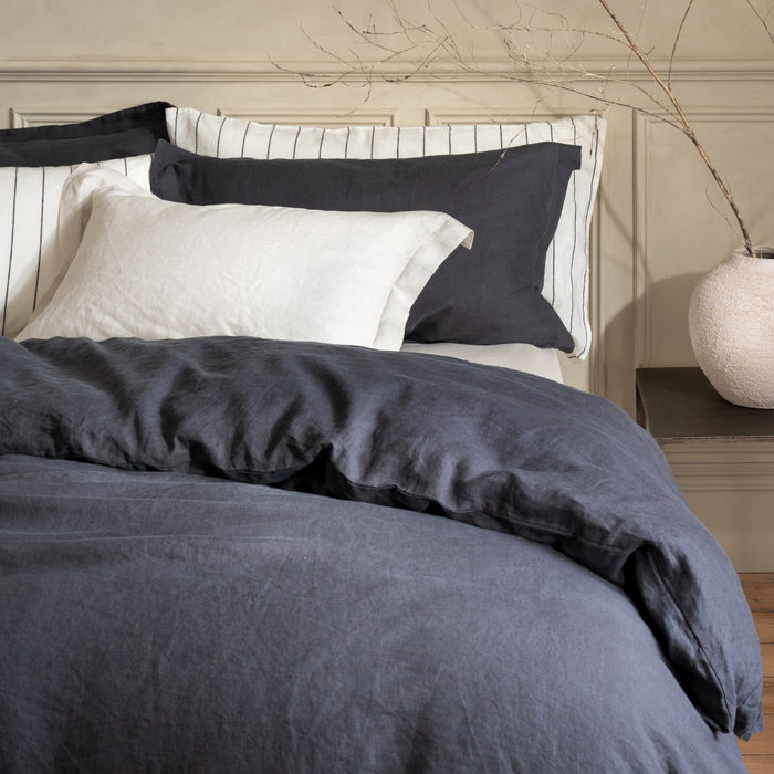 Midnight Grey French Linen 40cm Deep Fitted Sheets in a styled bedroom 1 | Soak and Sleep