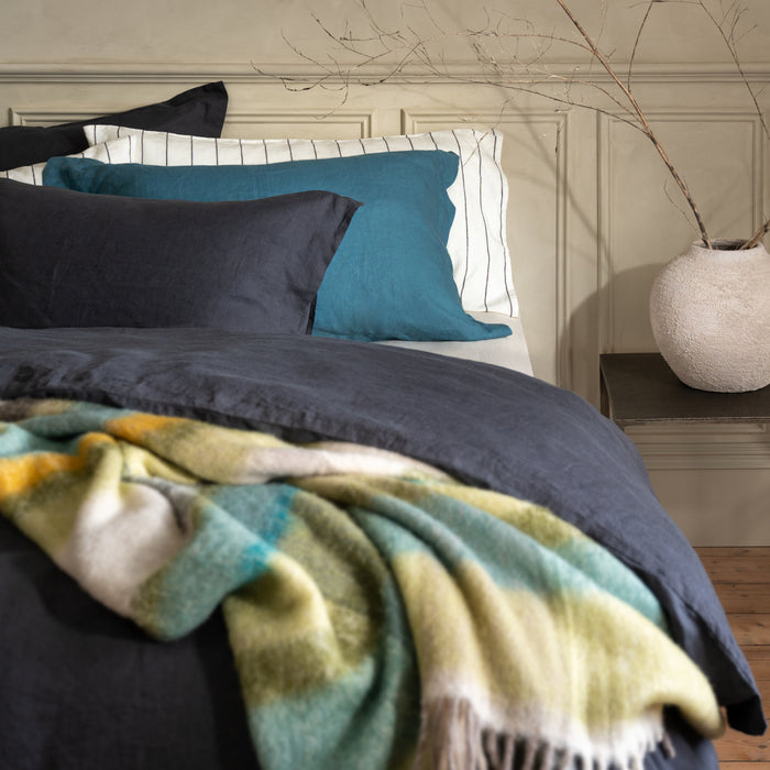 Midnight Grey French Linen 40cm Deep Fitted Sheets in a styled bedroom 3 | Soak and Sleep