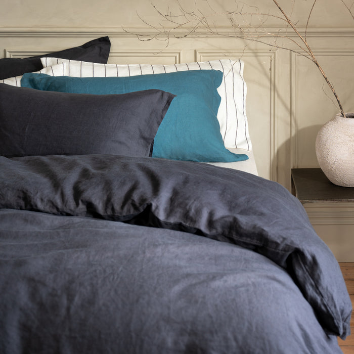 Midnight Grey French Linen 40cm Deep Fitted Sheets in a styled bedroom 4 | Soak and Sleep
