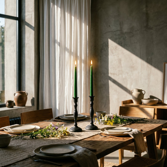 dining table set with moss green beeswax taper candles from bluecorn beeswax