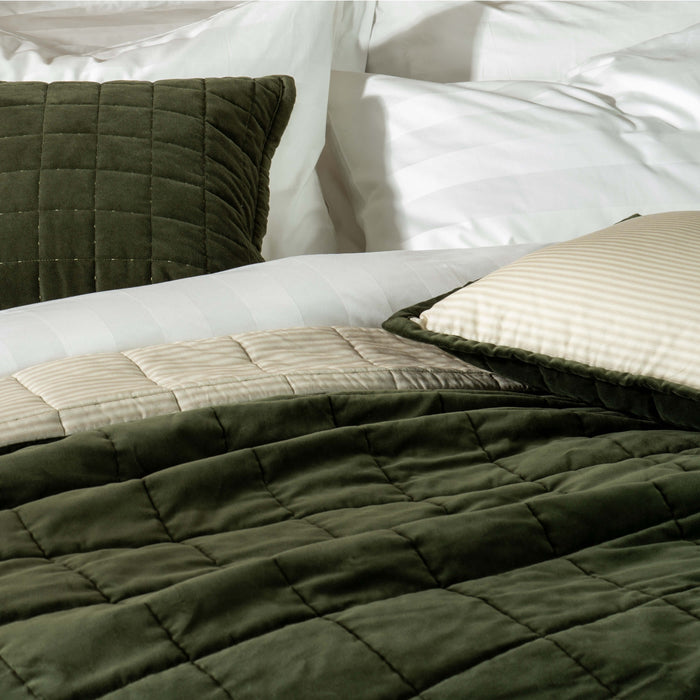 Olive Green Velvet Cotton Quilted Bedspreads - stripe, close-up detail | Soak and Sleep