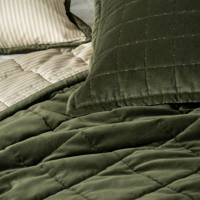 Olive Green Velvet Cotton Quilted Bedspreads - stripe, bedroom detail 1 | Soak and Sleep