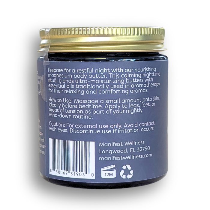 Side of the magnesium sleep butter jar displaying its natural and organic ingredients and essential oil blend.
