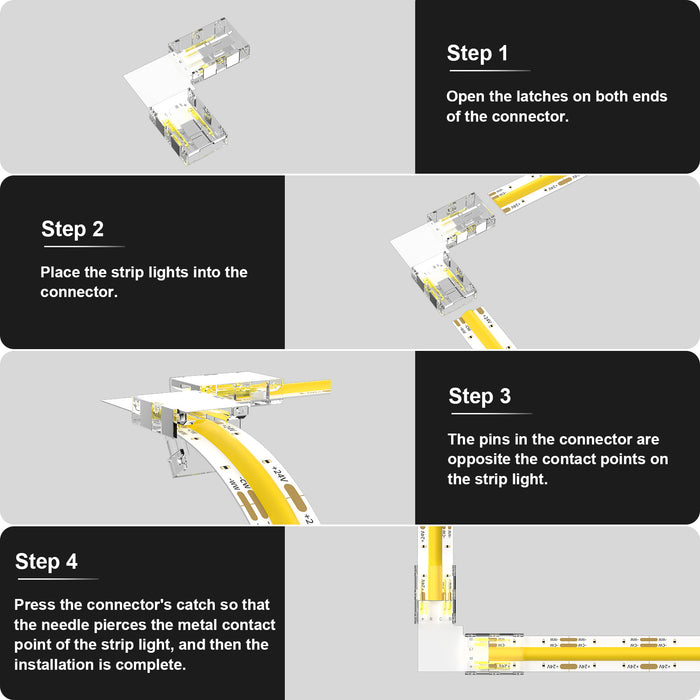 PAUTIX 12pcs 10mm L-Shaped/Corner Connectors for 3-Pin CCT COB LED Strip Lights