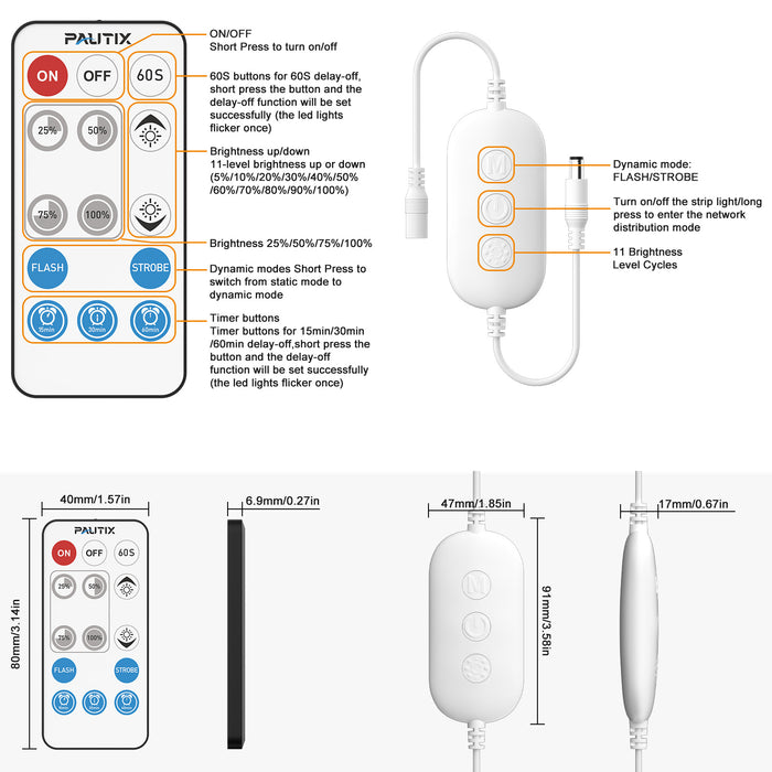 PAUTIX 14-Key Wireless Remote,DC12-24V Controller Kit for 3528/2835/5050 Single Color COB LED Strip Lights,Work with Alexa and Google