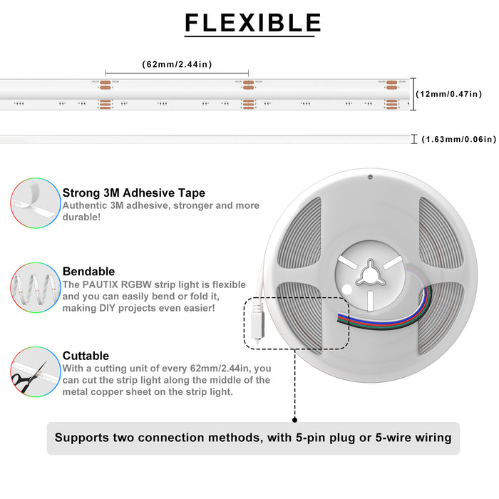  PAUTIX 24V 4000K RGBW COB LED Strip Lights, 20ft/6.1m,896LEDs/m
