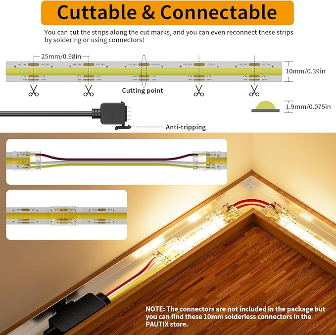 PAUTIX 24V CCT COB LED Strip Lights, 32.8ft/10m