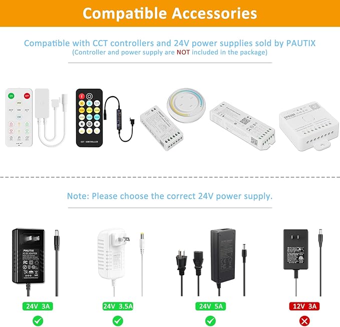 PAUTIX 24V CCT COB LED Strip Lights, 32.8ft/10m