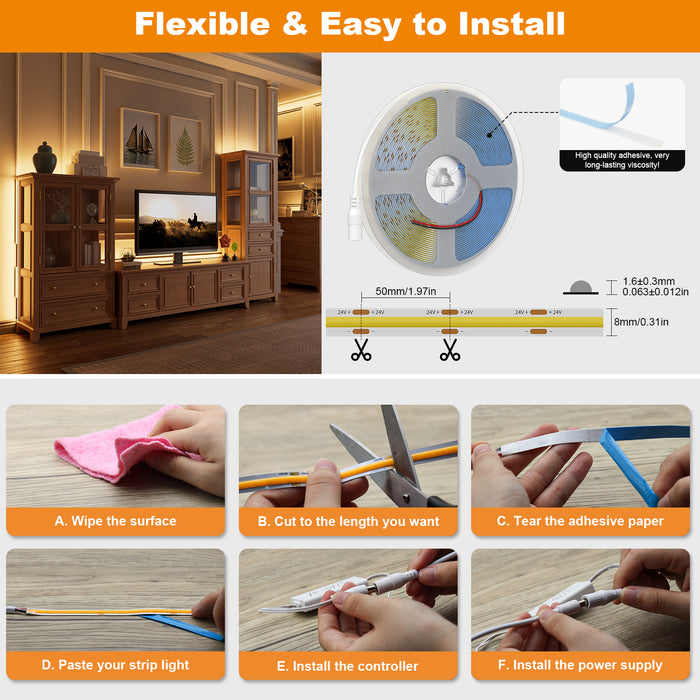 PAUTIX 24V COB LED Strip Lightd Kit, 32.8ft/10m 2700K,Work with Alexa/Google Assistant