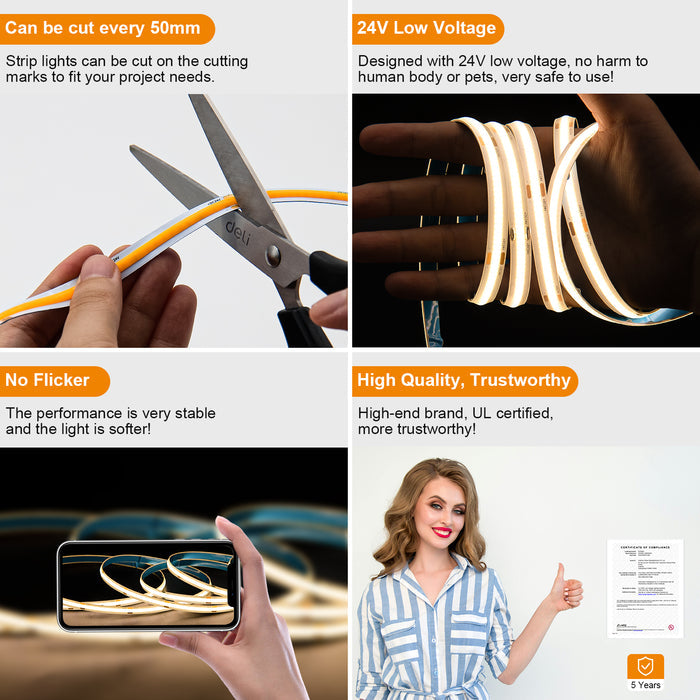 PAUTIX 24V COB LED Strip Lightd Kit, 32.8ft/10m 3000K,Work with Alexa/Google Assistant