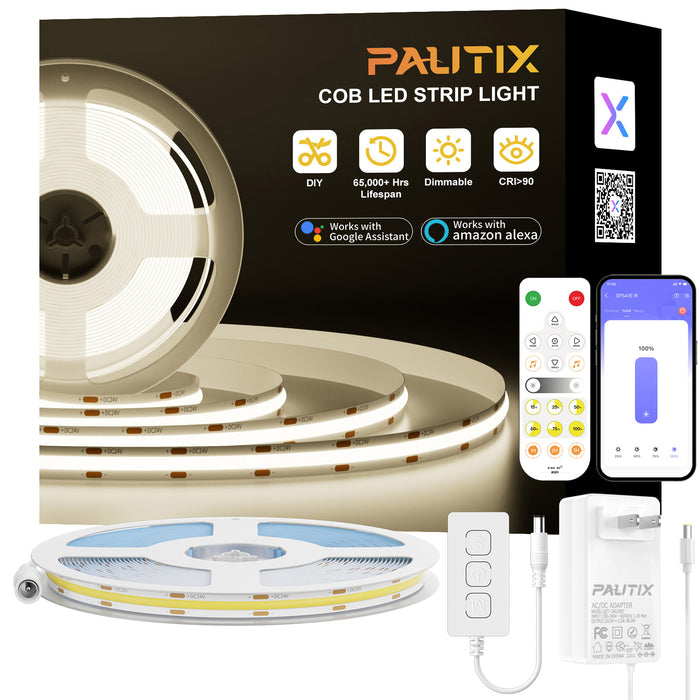 PAUTIX 24V COB LED Strip Lightd Kit, 32.8ft/10m 4000K,Work with Alexa/Google Assistant