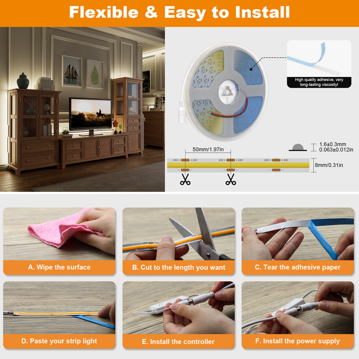 PAUTIX 24V COB LED Strip Lightd Kit, 32.8ft/10m 4000K,Work with Alexa/Google Assistant