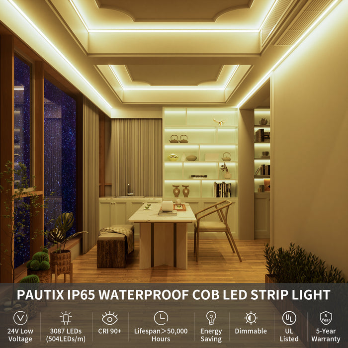 PAUTIX 24V COB LED Strip Lights, 32.8ft/10m Dimmable 3000K,IP65 Waterproof