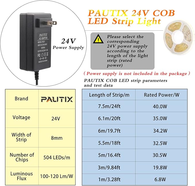PAUTIX 24V COB LED Strip Lights ,40ft/12.2m,3000K