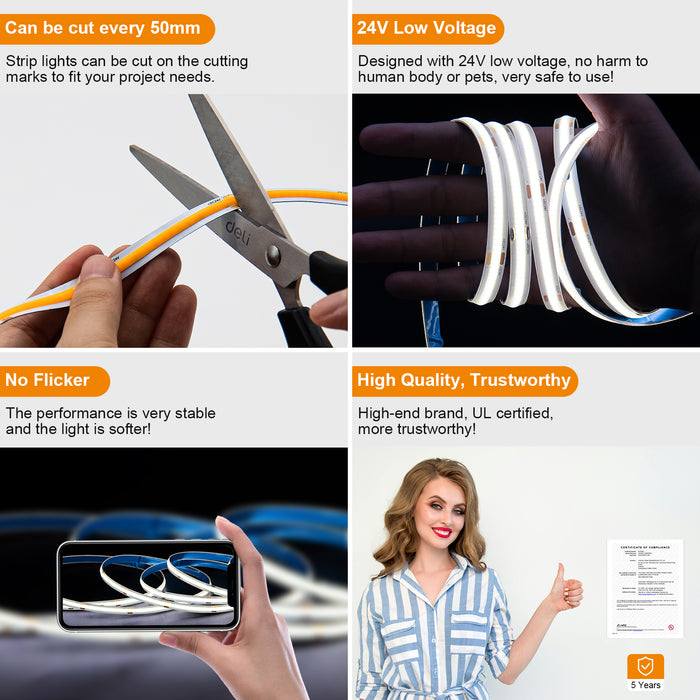 PAUTIX 24V COB LED Strip Lights Kit, 32.8ft/10m 6000K,Work with Alexa/Google Assistant