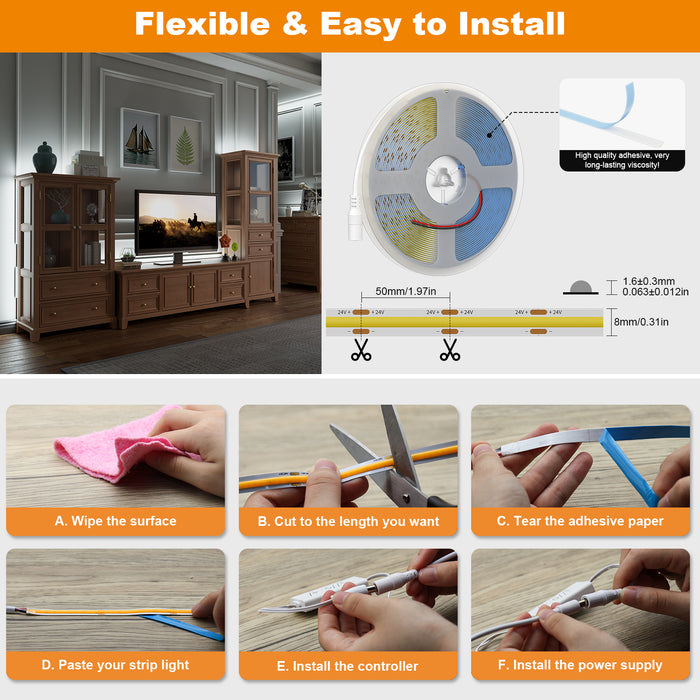 PAUTIX 24V COB LED Strip Lights Kit, 32.8ft/10m 6000K,Work with Alexa/Google Assistant