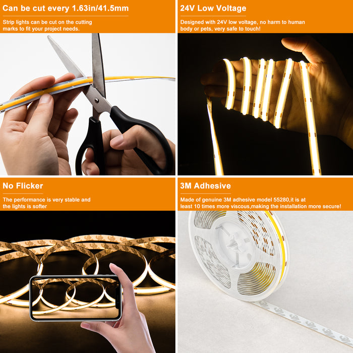 PAUTIX 24V COB LED Strip Lights Kit, 65.6ft/20m,2700K,Work with Alexa/Google Assistant