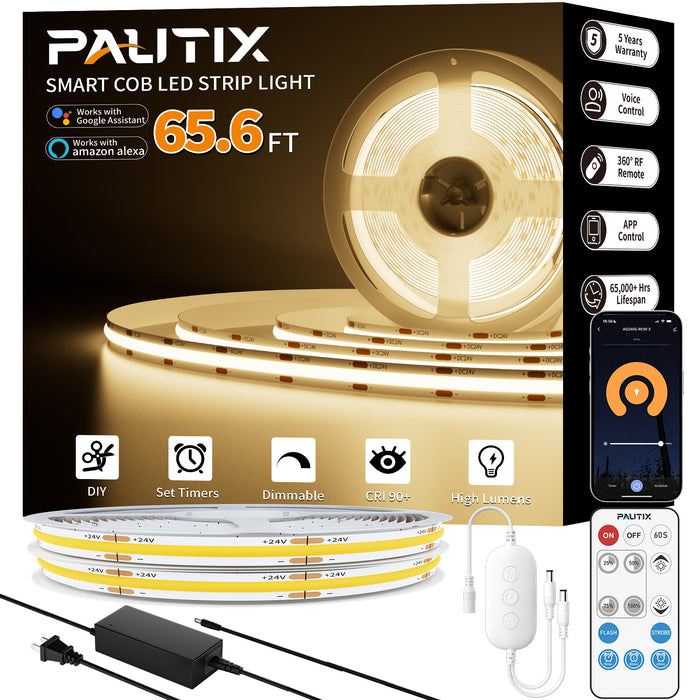 PAUTIX 24V COB LED Strip Lights Kit, 65.6ft/20m,3000K,Work with Alexa/Google Assistant