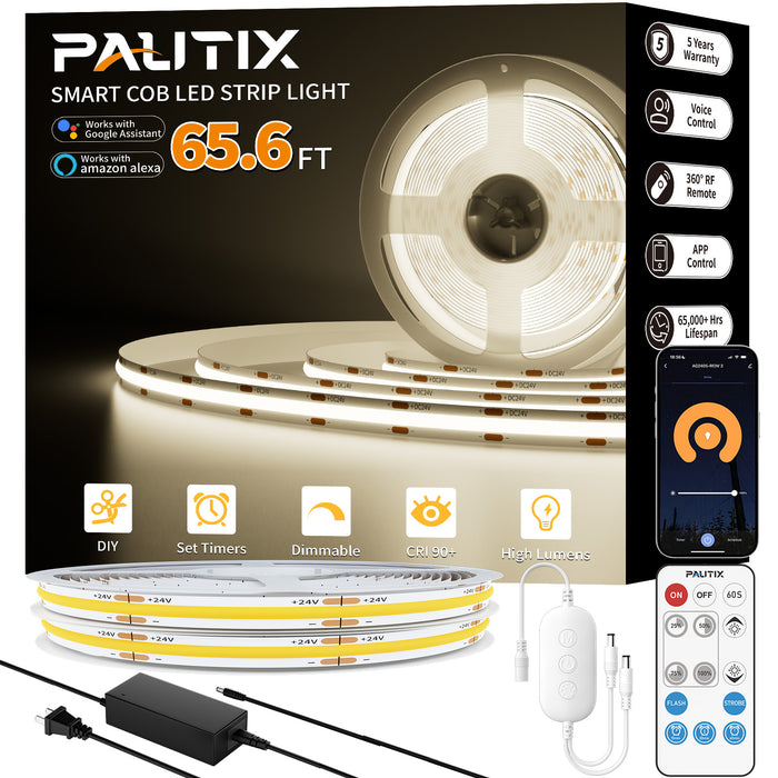 PAUTIX 24V COB LED Strip Lights Kit, 65.6ft/20m,4000K,Work with Alexa/Google Assistant