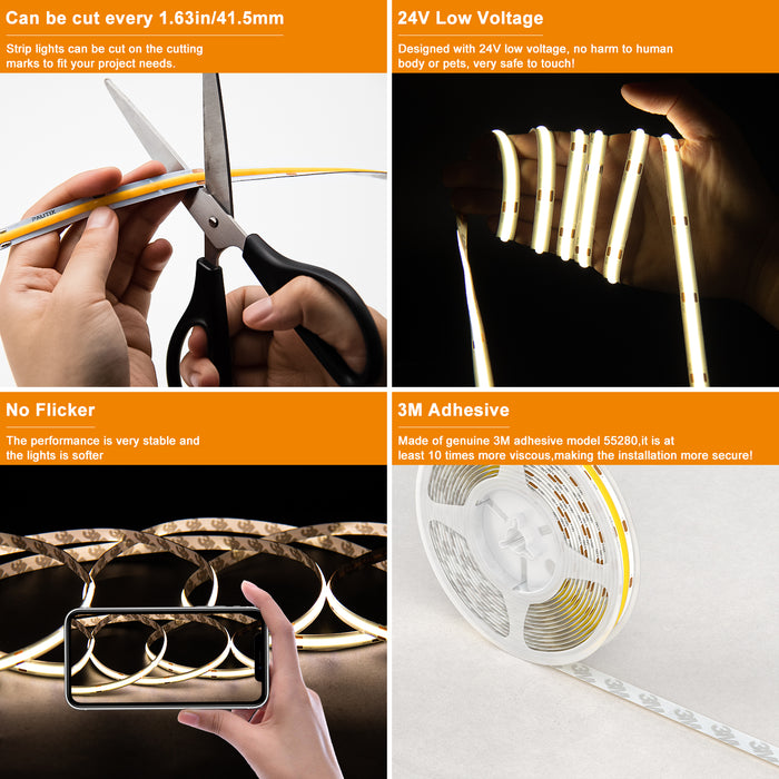 PAUTIX 24V COB LED Strip Lights Kit, 65.6ft/20m,4000K,Work with Alexa/Google Assistant