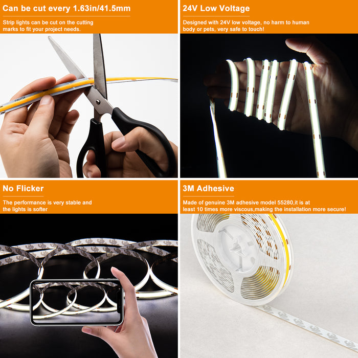 PAUTIX 24V COB LED Strip Lights Kit, 65.6ft/20m,6000K,Work with Alexa/Google Assistant