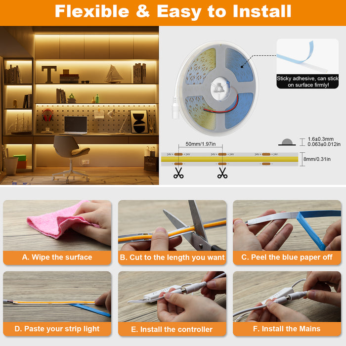 PAUTIX 24V COB LED Strip Lights Kit,16.4ft/5m Dimmable 3000K