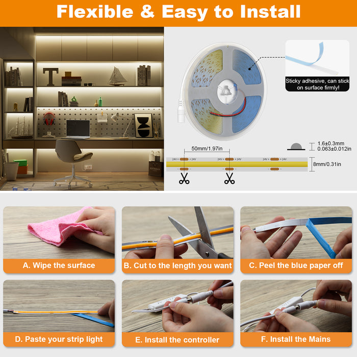 PAUTIX 24V COB LED Strip Lights Kit,16.4ft/5m Dimmable 4000K